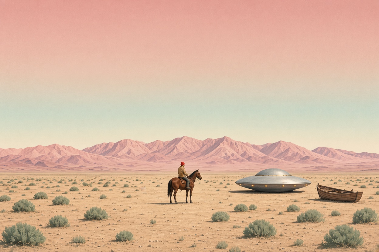 A lone rider, a stranded boat and a landed saucer on a pink desert plain beneath distant mountains.